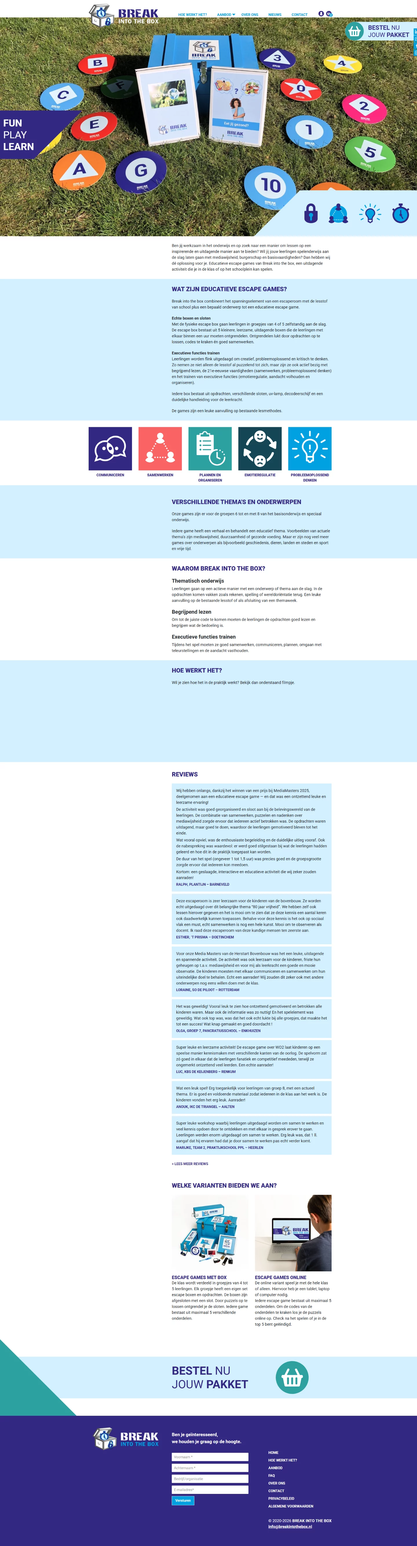 Desktop-weergave van de homepage van Break Into the Box
