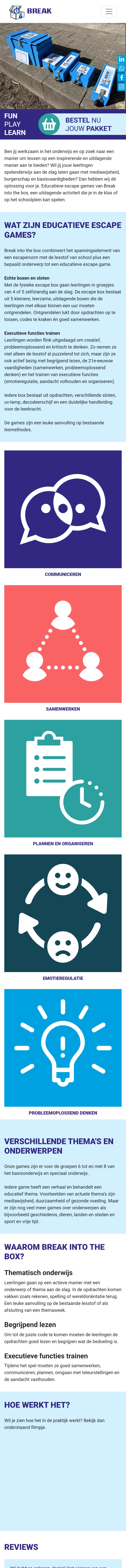 Mobiel-weergave van de homepage van Break Into the Box