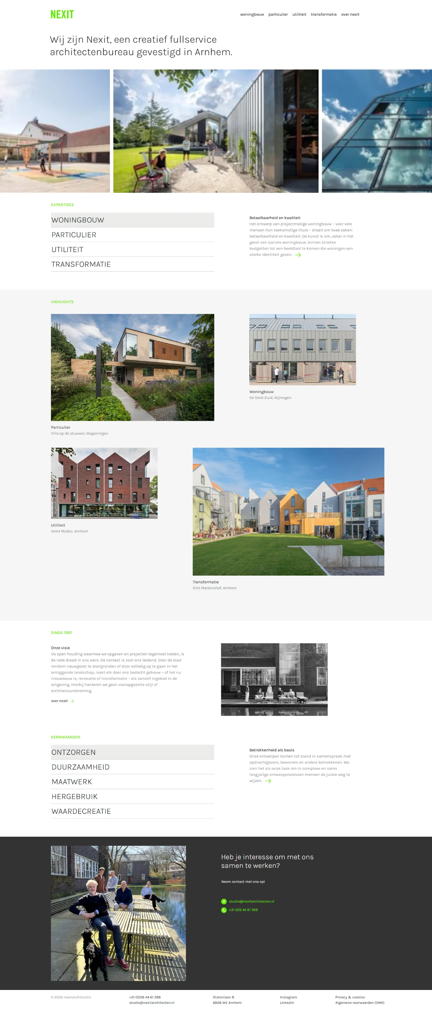 Desktop-weergave van de homepage van Nexit Architecten