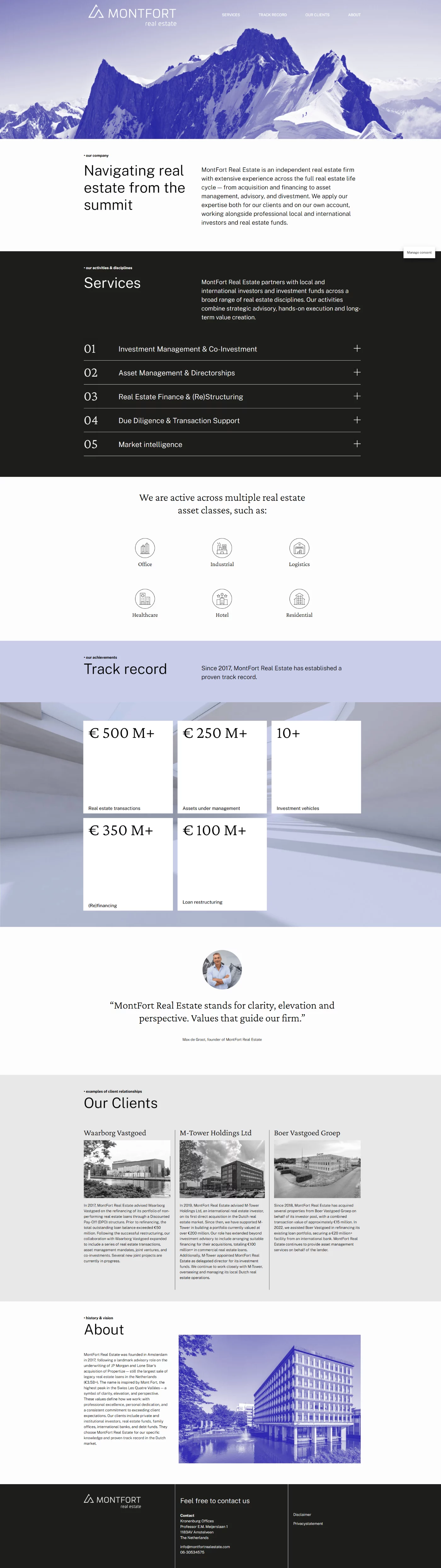 Desktop-weergave van de homepage van Montfort Real Estate