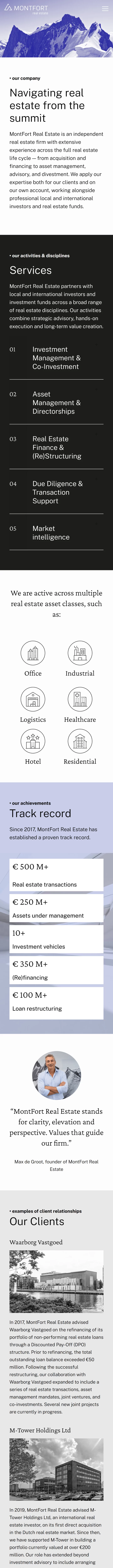 Mobiel-weergave van de homepage van Montfort Real Estate